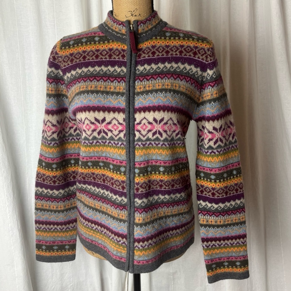 Laura Ashley Zip Front Fair Isle Cardigan Multicolor Beaded Embroidered Women M